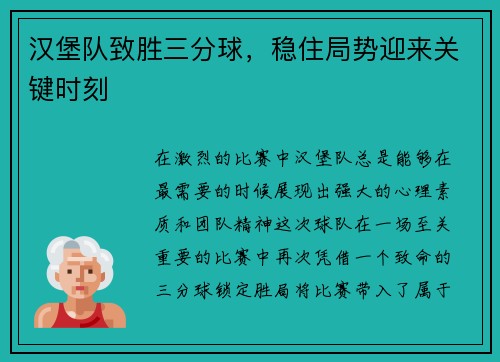汉堡队致胜三分球，稳住局势迎来关键时刻